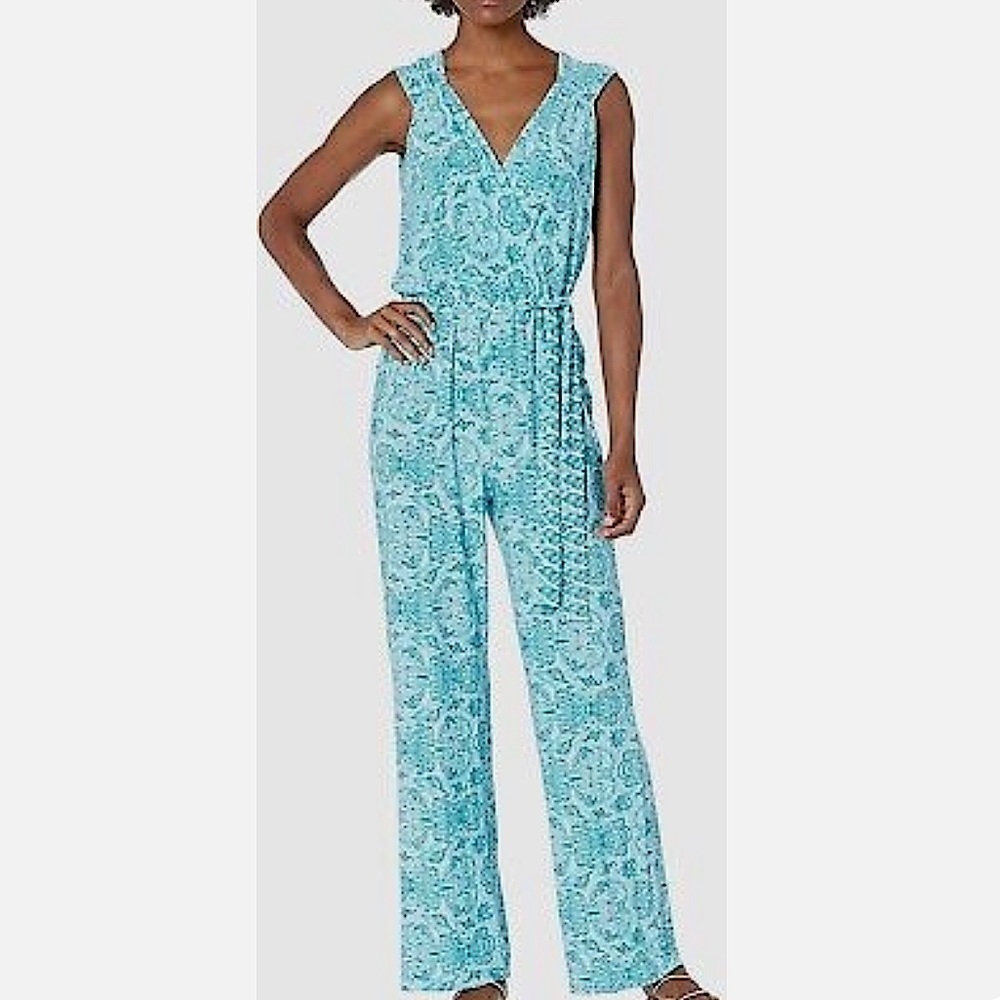Pappagallo Lilly Inspired Women's Ity Tie Waist Jumpsuit Aqua blue size S